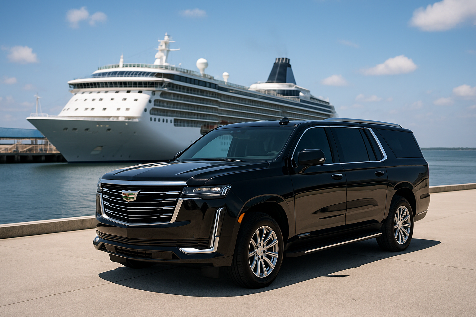 Black Cadillac Escalade parked near a cruise ship at Port Tampa Bay, representing luxury cruise port transportation. Black Car Service, Luxury Transportation.