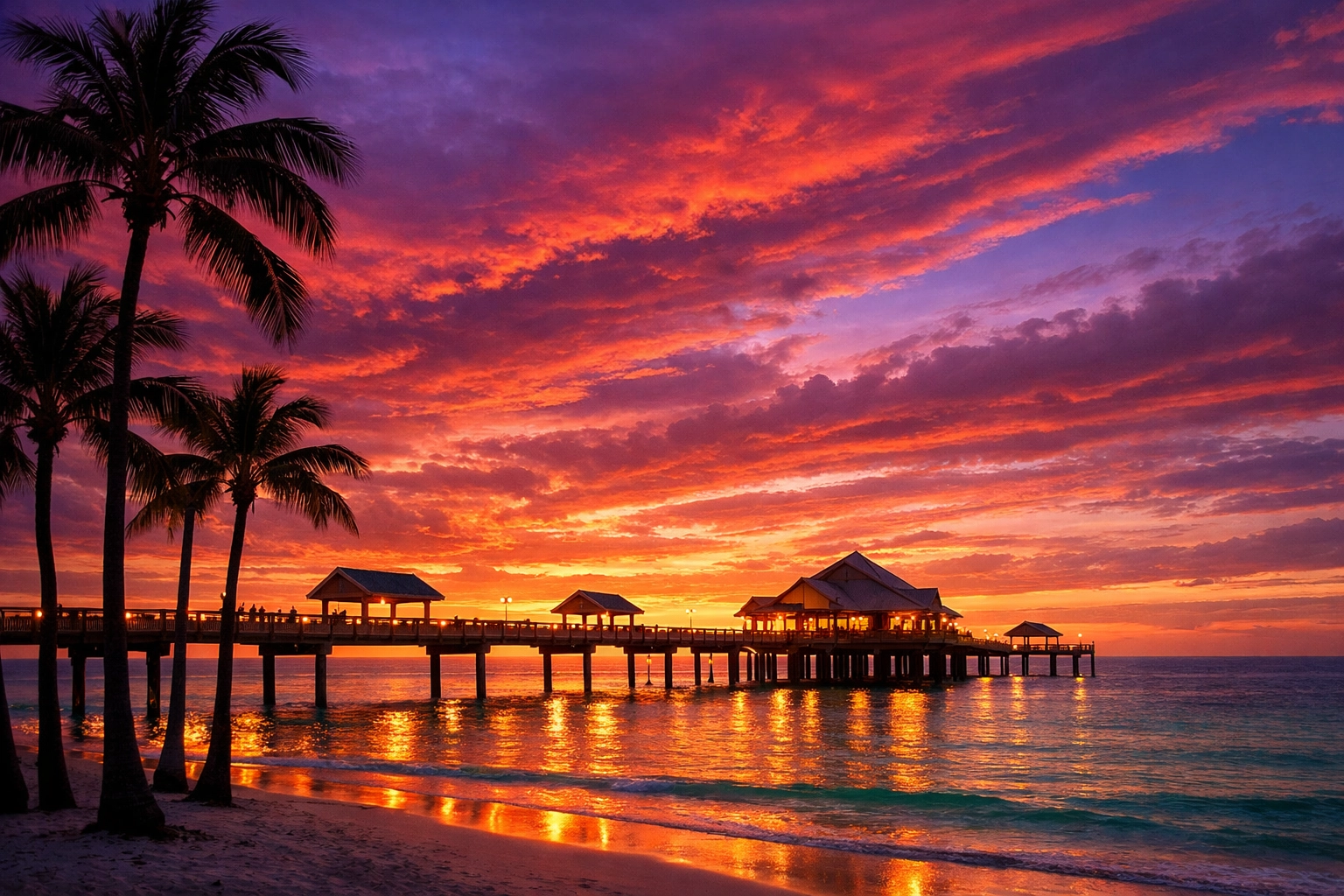 Vibrant sunset at Clearwater's Pier 60, a popular destination for premium Clearwater car service.