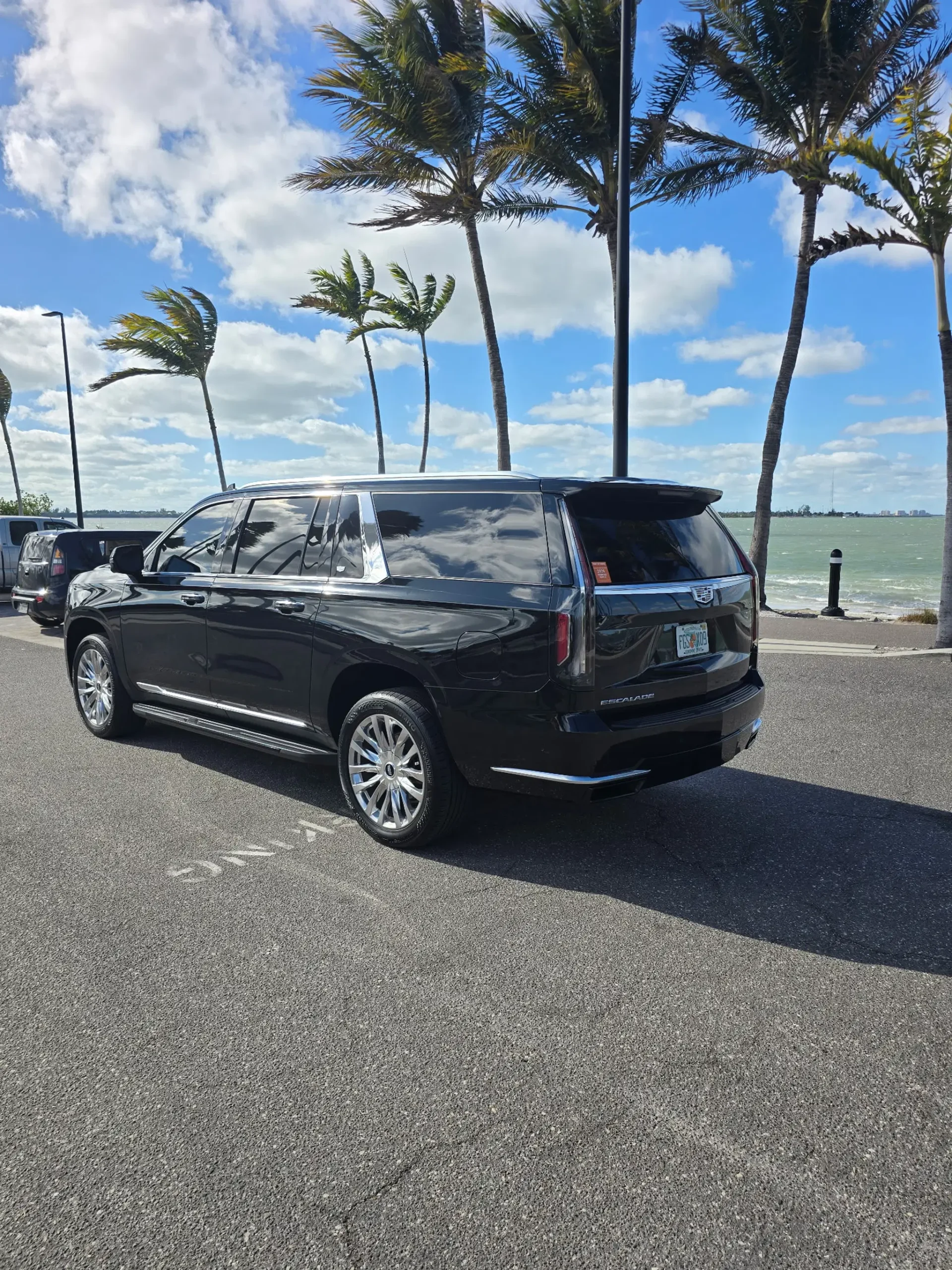 A polished black Cadillac Escalade ESV from FDJ Luxury Rides is parked by the waterfront with palm trees and blue skies in the background.