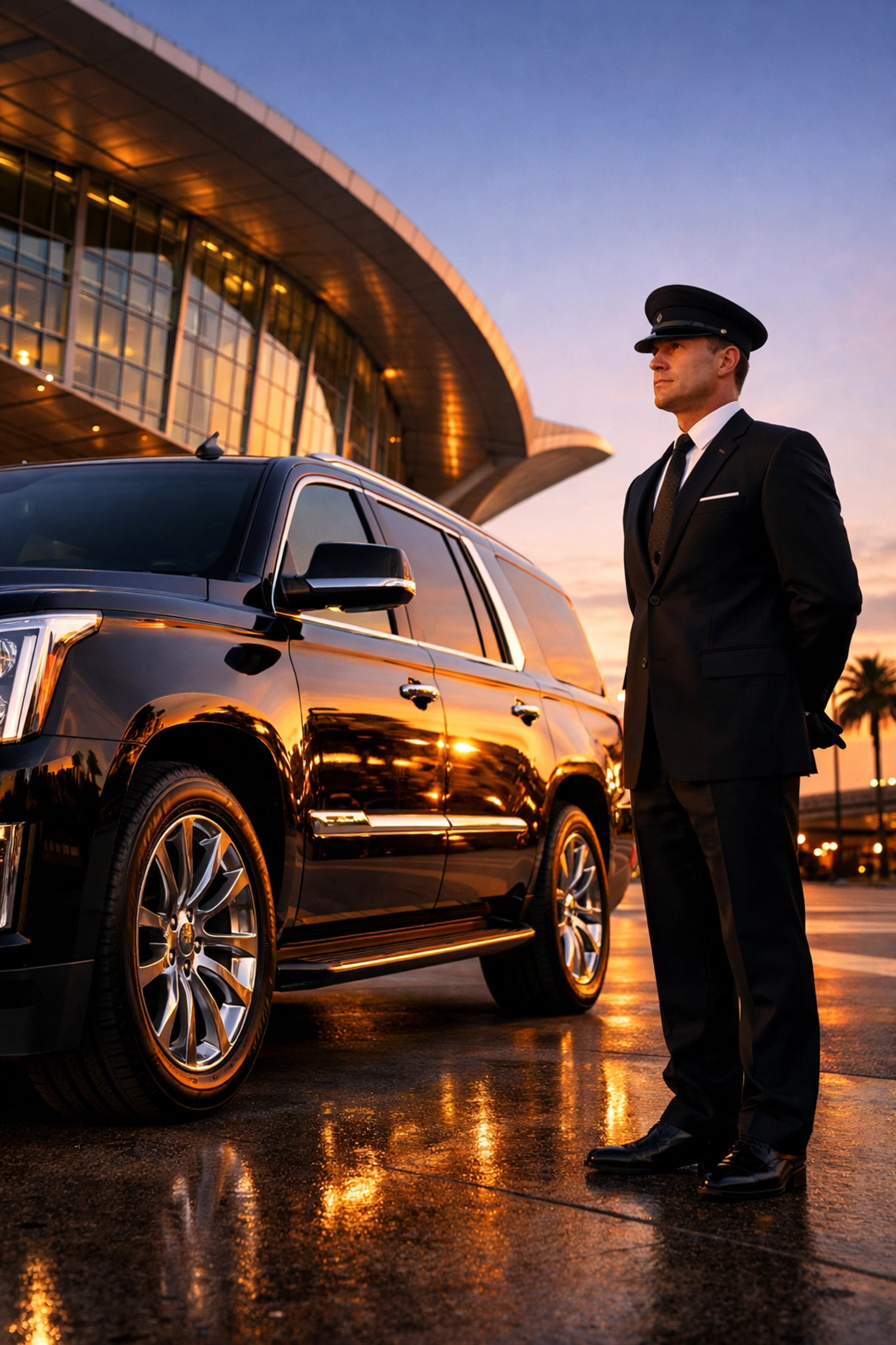 Professional chauffeur with a luxury black SUV at an airport terminal for Wesley Chapel airport transportation.